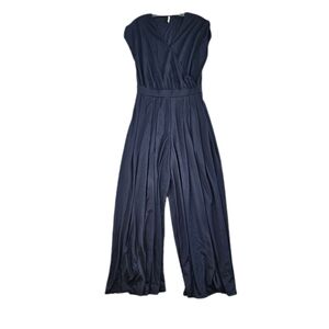 Halara Jumpsuit Loose V Neck Short Sleeve Pocket Wide Leg Flowy Navy Blue M